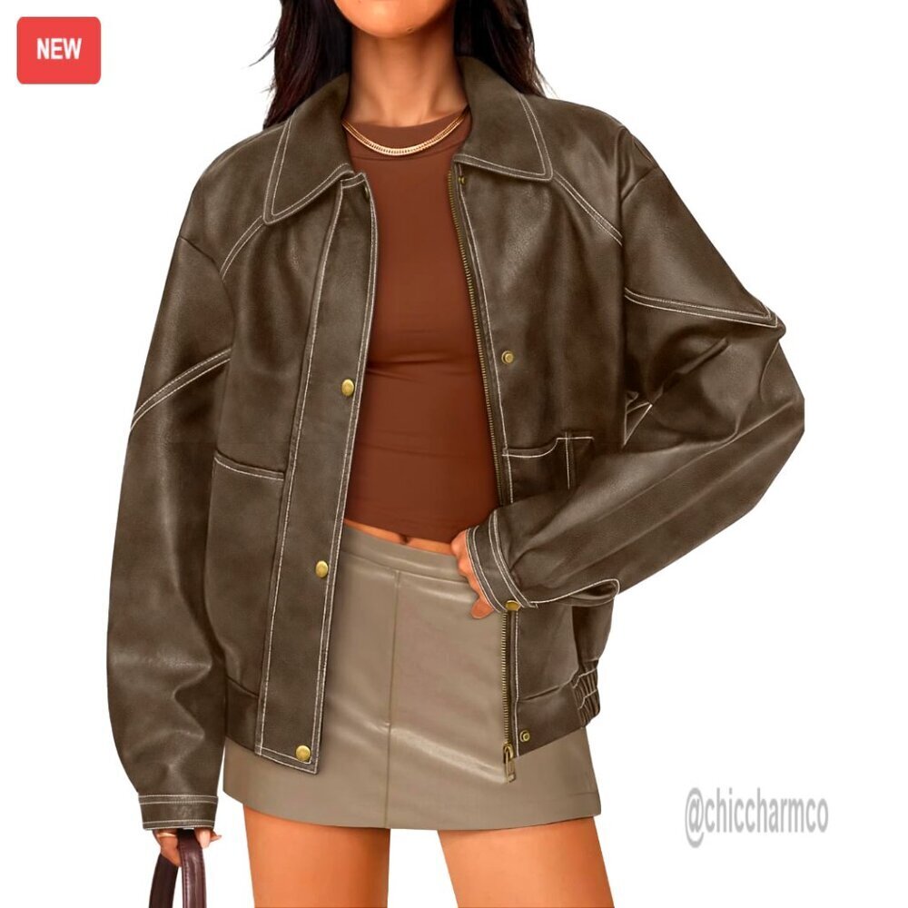 Oversized Faux Leather Jacket Zipper Motorcycle Coat Women's Spring Trend